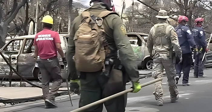 A man in uniform walking down the street.